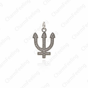 May include: Silver charm pendant in the shape of a trident with clear cubic zirconia stones.
