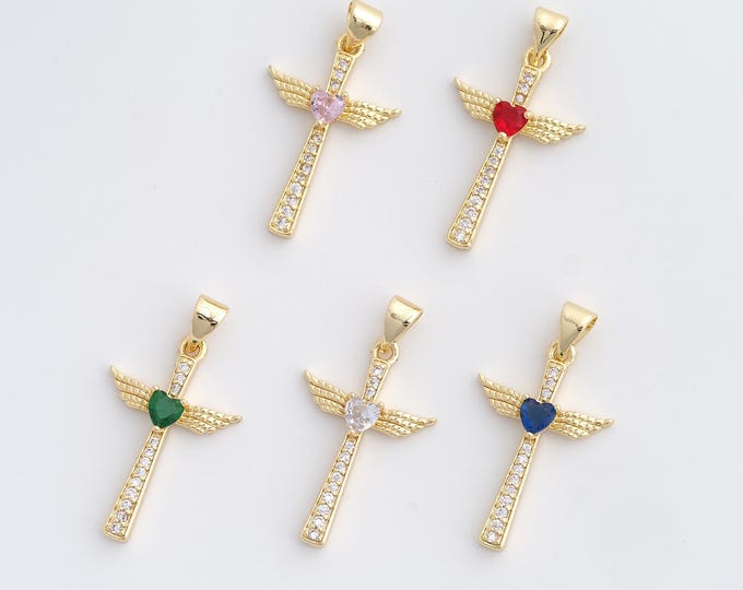 Wings Cross Pendant,Cross Charm,18K Gold Filled Christian Charm,Micropavé CZ Cross Necklace,DIY Jewelry Accessories,29.8x16x3.8mm