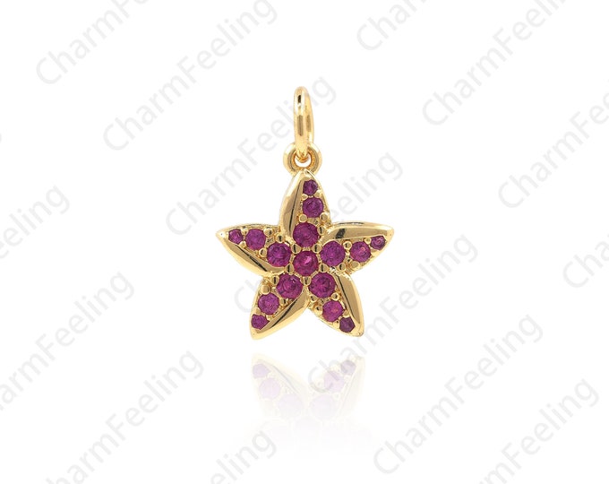 Micro-Pave Five-Petal Flower Pendant, CZ Small Flower Pendant, Gold Flower Necklace, Charm Of Daffodils, Charm Of Orchids 17.9x12.8x2mm 1pcs