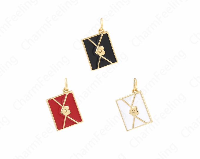 Envelope Pendant, Letter Writing Charm, 18K Gold Filled Enamel Charm, Love Letter Necklace, DIY Jewelry Supplies, 18x11x2mm