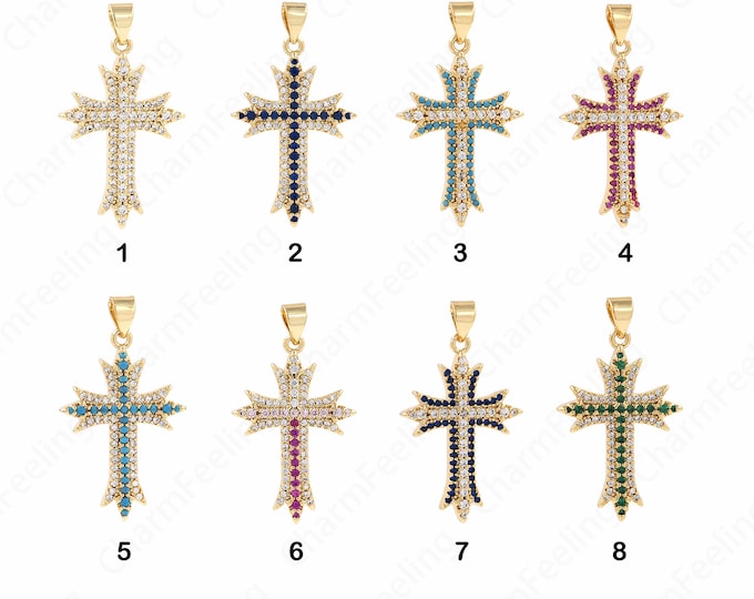 18K Gold Filled Cross Charm, Micropavé CZ Religious Charm, Christian Pendant, Cross Necklace, DIY Jewelry Supplies, 32x18.5x3.5mm