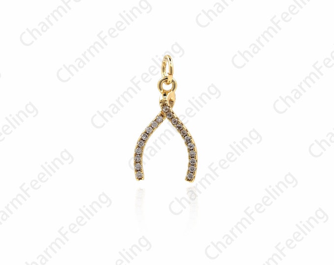 Micro-Pave Wishing Bone Necklace, Wishbone Charm, Wishbone Necklace, Wishbone Charm 20x10.5x3.9mm 1pcs