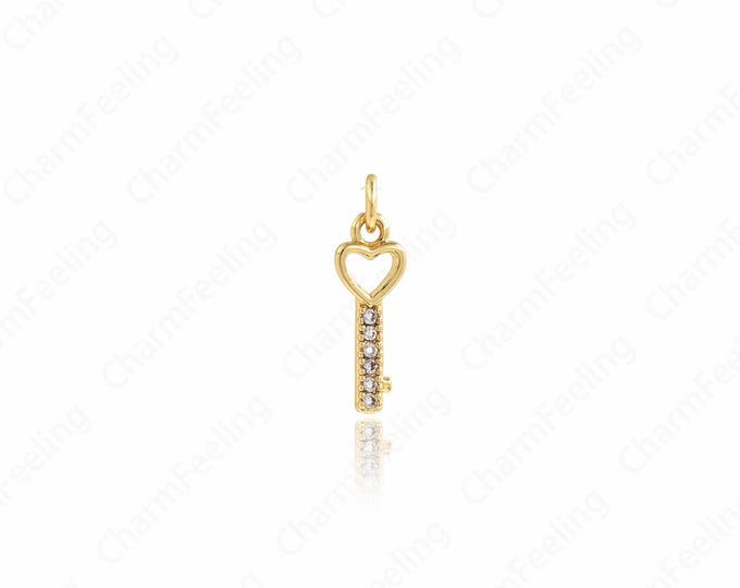 Heart-Shaped Key Pendant, 18K Gold Filled Key Necklace,Micropavé CZ Key Charm, Heart-Shaped Necklace 16.5x5x1.5mm