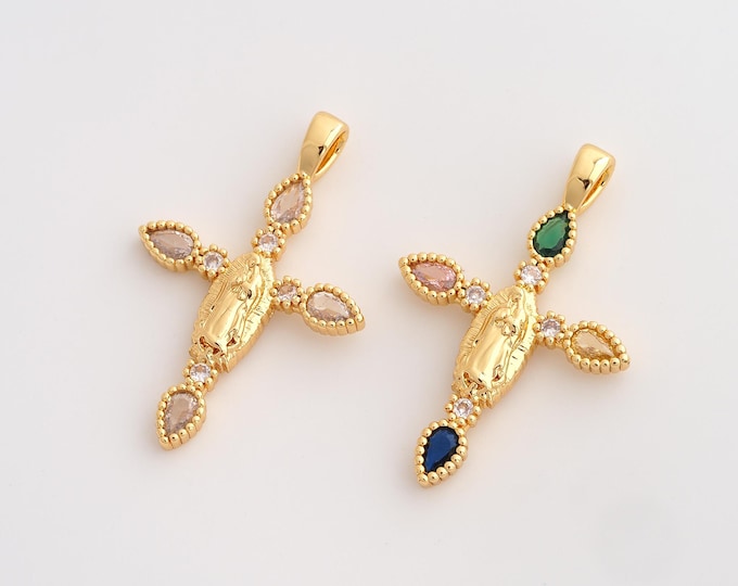 CZ Cross Pendant,Religious Pendant,18K Gold Filled Virgin Mary Charm,DIY Jewelry Accessories,37.2x24x3mm