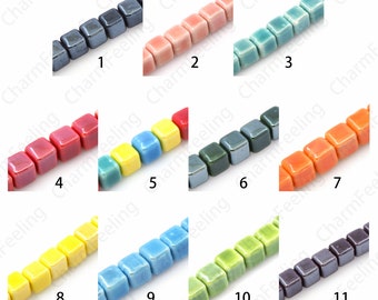 Ceramic Cube Beads, Hand Painted Beads, Square Spacer Beads, Glazed Painted Ceramic, DIY Jewelry Supplies, 8\10mm