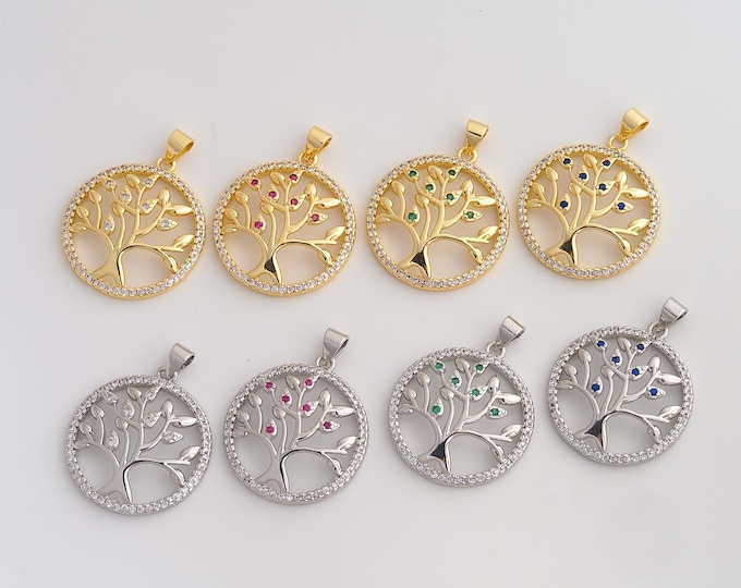 CZ Tree of Life Pendant,Round Tree Pendant,18K Gold Filled Tree of Life Charm,DIY Jewelry Accessories,30.8x24x4.6mm