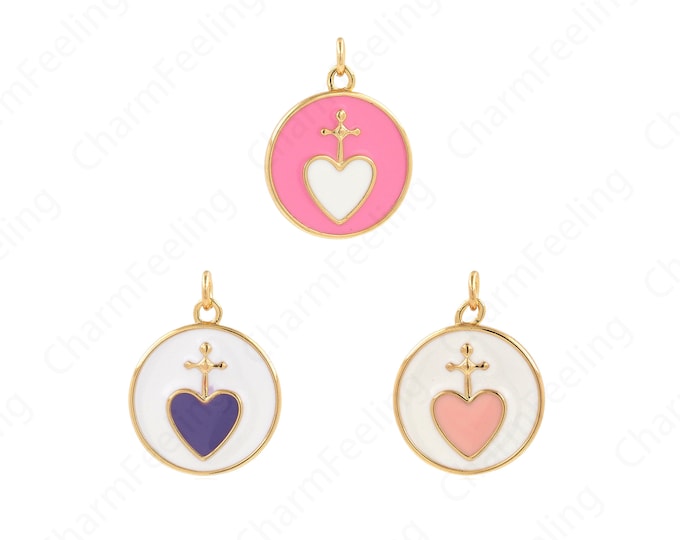Enamel Charm,Heart Cross Charm,18K Gold Filled Round Pendant, CZ Enamel Heart Necklace, Heart charm, DIY Jewelry Accessories 23x18x2mm