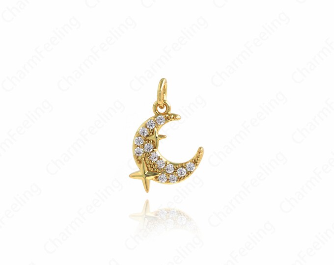 Gold Moon Pendant, 18K Gold Filled Crescent Necklace, Micropavé CZ Crescent Pendant, Crescent Charm, DIY Jewelry Accessories, 18.5x12x2.3mm