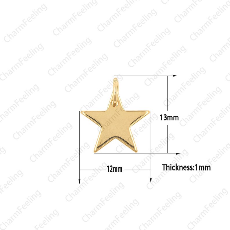 May include: Gold-toned metal star charm with a loop for attaching to a necklace or bracelet. The star is 12 mm wide and 13 mm tall. The charm is 1 mm thick.