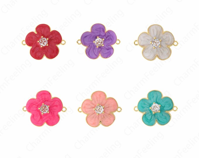 Flower Connector, Micropavé CZ Flower Charm, 18K Gold Filled Plant Connector, Charm Connector, DIY Jewelry Supplies, 23.5x19.5x5mm