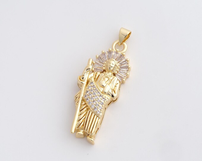 18K Gold Filled St.Jude Medallion Pendant,Micropavé CZ Gold Saint Jude Thaddeus Necklace,DIY Jewelry Supplies,41.3x15x6.4mm
