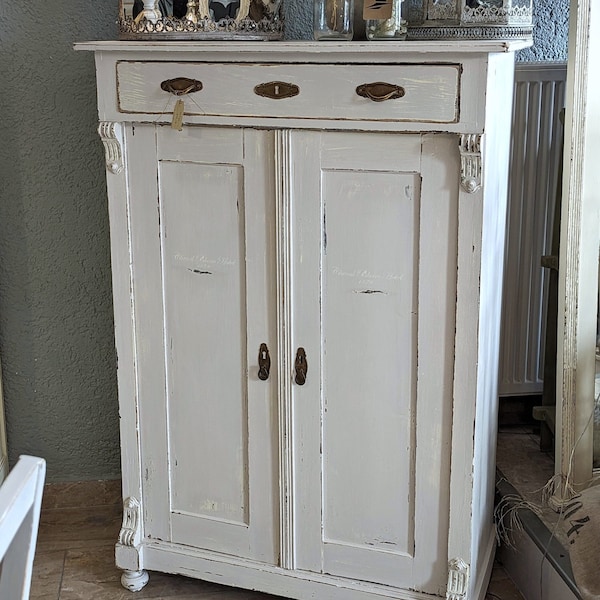 Beautiful old Vertiko from France, unique piece lovingly restored in light gray and ivory white