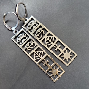 Egyptian symbol Earrings, stainless steel earrings, pyramid earrings, Egyptian ankh earrings, eye of Horus, third eye earrings, free ship