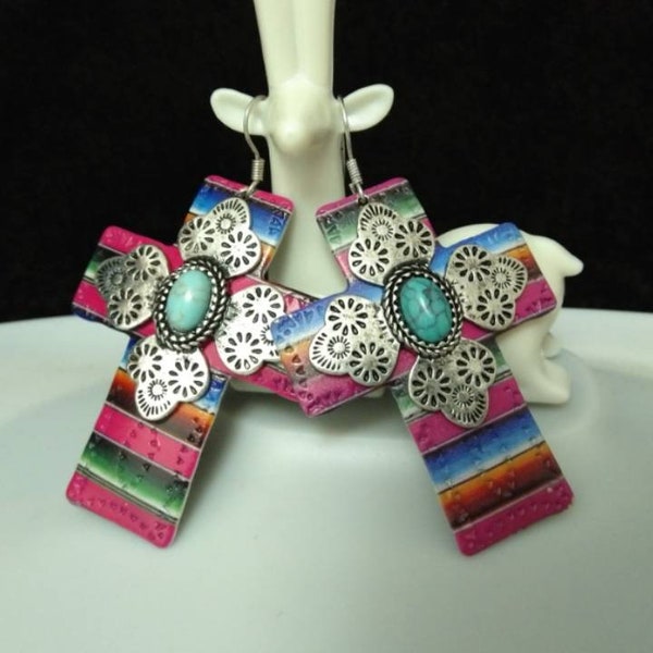 Navajo cross earrings, statement earrings, concho earrings, Southwestern cross earrings, turquoise concho, valentine day gift, free shipping