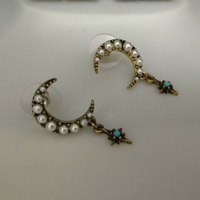 celestial earrings gift for her moon and star earrings northern star earrings free shipping gold star dangle Crescent moon earrings