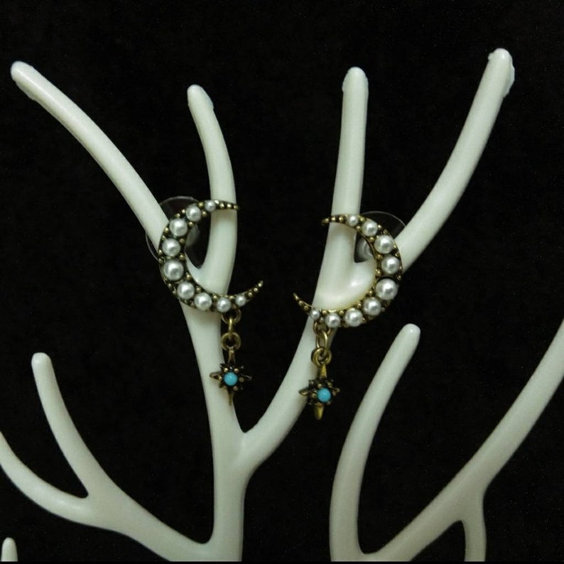 celestial earrings gift for her moon and star earrings northern star earrings free shipping gold star dangle Crescent moon earrings
