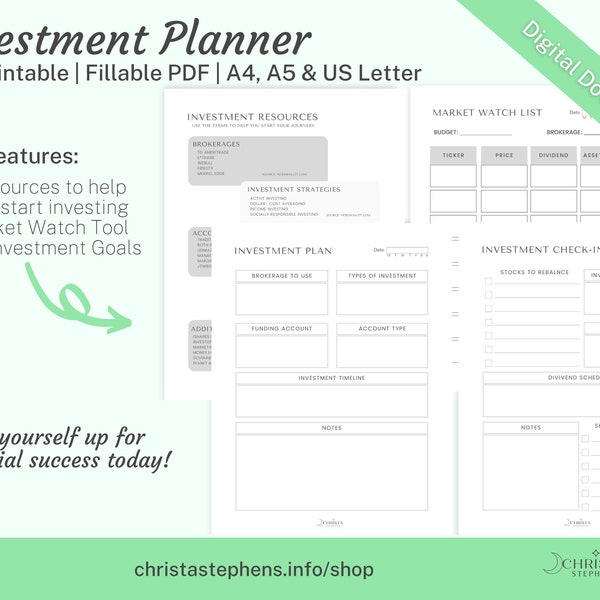 Investment Planner, Investment Tracker, Investment Guide, Financial Planner, Financial Sheets, Christmas Savings, Printable Planner, 2022