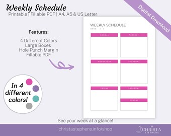 Weekly Schedule Printable, Weekly Planner Template, Monthly Planner, PDF Planner, Pink Weekly Planner, Undated A5 Planner, Fillable PDF