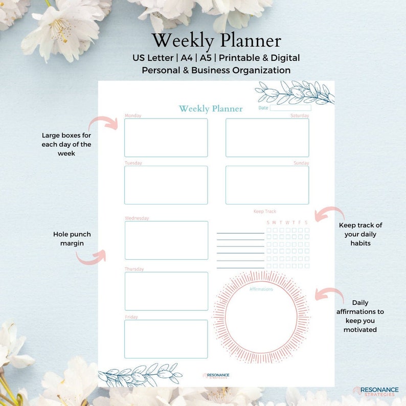 Weekly Planner Printable, Affirmations & Gratitude Planner, Undated Planner Pages, Weekly Habit Tracker, Week at a Glance, A5 Editable PDF image 1