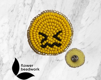 Beaded emoji pin | embarrassed emoji | Metis beadwork | Indigenous beadwork | Beaded pin | Canadian indigenous beadwork