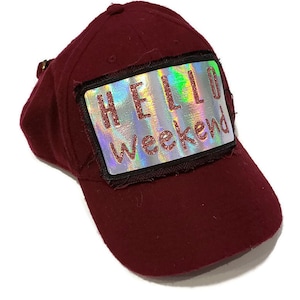 Burgandy flannel Hello Weekend holographic baseball hat