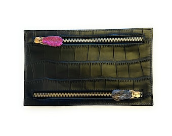Leather Travel Wallet, Multi Currency Organizer, 4 Zipper Compartments, Ostrich/ Croco Embossed Genuine Leather, Passport Holder