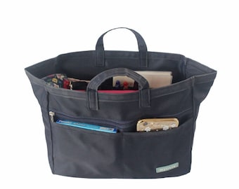 XL Reversible Bag Insert Organiser + Coin Purse + Base Shaper, Sturdy & Lightweight, 18 Compartments, Dark Blue and Black Colours