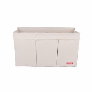 Op de afbeelding: Een beige opbergorganizer van stof met drie compartimenten en een rood label met de tekst "Mylare".