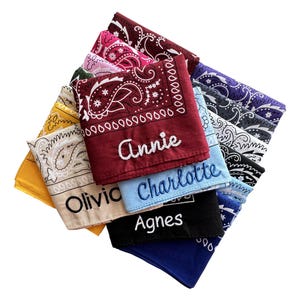 Könnte beinhalten: Eine Sammlung personalisierter Bandanas in verschiedenen Farben, darunter Burgunderrot, Blau, Schwarz und Gelb. Jedes Bandana hat ein Paisley-Design und einen Namen, der in einer Kontrastfarbe gestickt ist. Namen sind "Annie", "Charlotte", "Olivia" und "Agnes".