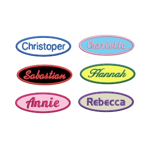 May include: Six oval-shaped embroidered patches with different names: Christopher, Charlotte, Sebastian, Hannah, Annie, and Rebecca. The patches are in various colours, including blue, pink, black, yellow, green, and beige.