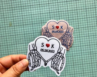 Custom Initials and Date Patches, Heartbound Skeleton Hands Embroidered Patch, Iron On Sew On Patch for Backpack Jacket Garment