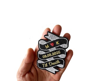 Gepersonaliseerde datum tot overlijden banner geborduurde patches, opstrijkbare datumbannerpatch, cadeau voor jubileum, verjaardag, bruiloft, Valentijnsdag