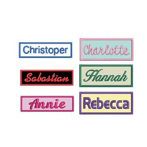 May include: Six embroidered name patches with different names and colors. The names are "Christopher", "Charlotte", "Sebastian", "Hannah", "Annie", and "Rebecca".