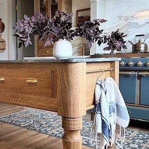 Kismet House Dairy Table 36x72 solid white oak handmade kitchen island styled in a farmhouse kitchen with soft-close drawers open