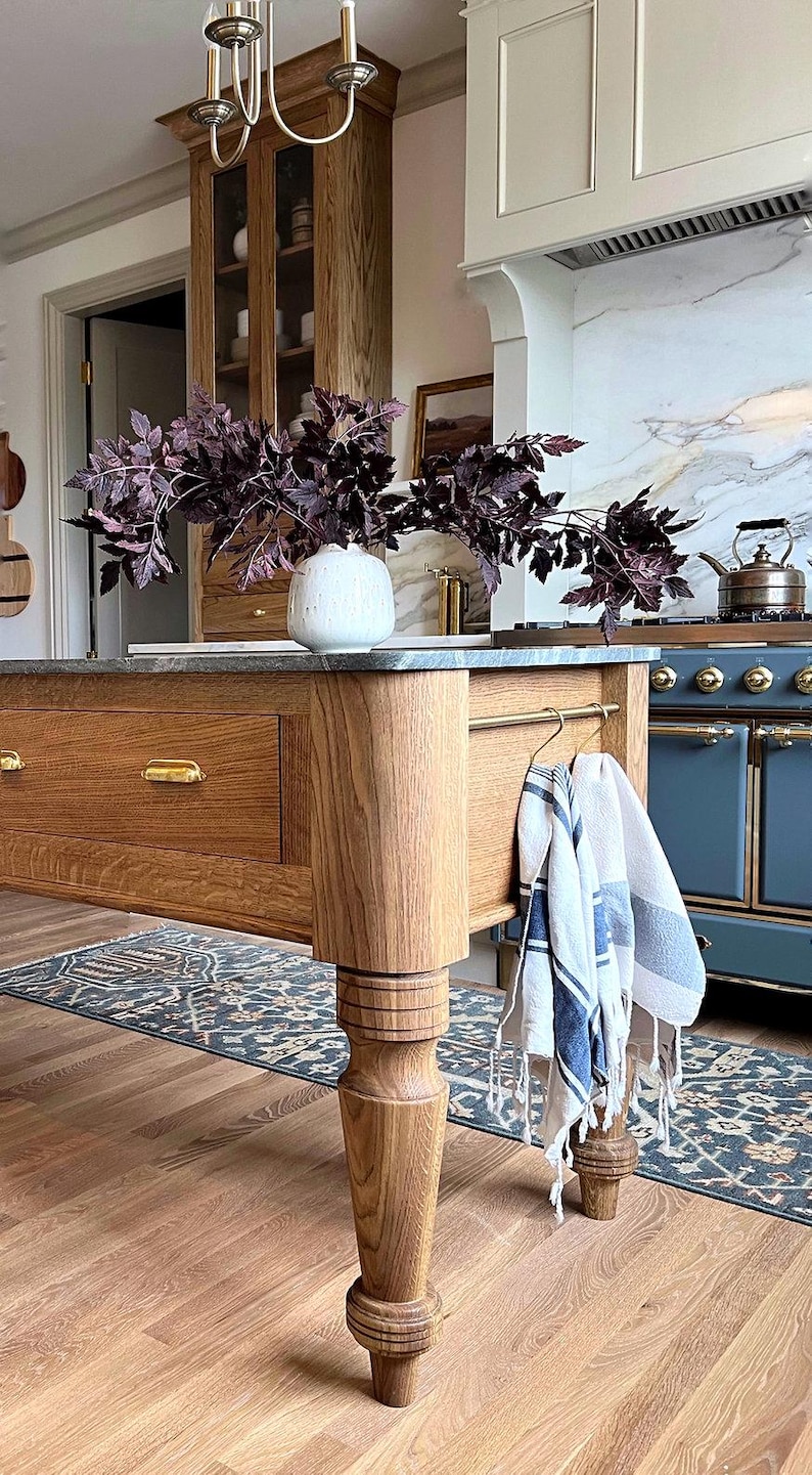 Kismet House Dairy Table 36x72 solid white oak handmade kitchen island styled in a farmhouse kitchen with soft-close drawers open