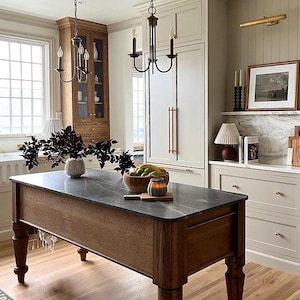 Handmade solid quarter sawn white oak kitchen island with two soft-close drawers and solid brass rails, 28x72 Kismet House Dairy Table