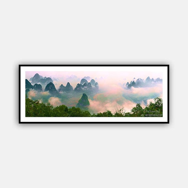 Sonnenaufgang über dem Karstgebirge entlang des Flusses Li in Yangshuo, Wandkunst, Li Fluss Fotografien, Kunstdrucke, Guilin