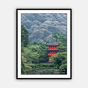 May include: A red pagoda with a black roof stands in front of a lush green forest. The pagoda is surrounded by trees and bushes, and the forest is in the background. The sky is cloudy and gray.