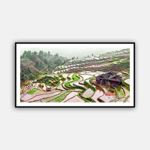 Panorama Village and Terraced Rice Field, Wall Art, Photographs, Agriculture Photographs, Panoramic Wall Art, Panoramic Photo