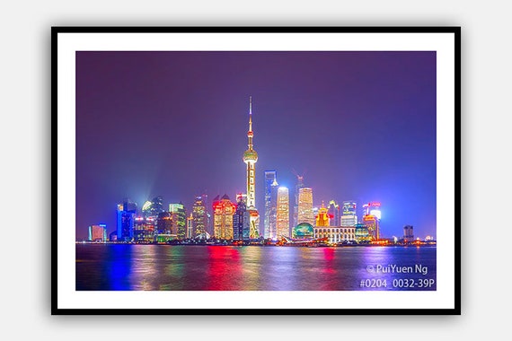 Panorama Shanghai Skyline At Night Wall Art Art Prints Etsy