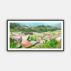 Panorama Village and Terraced Rice Field, Wall Art, Photographs, Agriculture Photographs, Panoramic Wall Art, Panoramic Photo