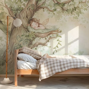 Dreamtree Kids Wallpaper – Mural with Deer and Trees in Enchanted Forest | Custom Size | Peel & Stick or Non-Woven | Nursery Wall Decor