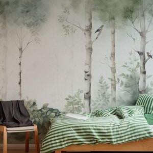 Park Kids Wallpaper – Birch Forest and Birds Mural | Custom Size | Peel & Stick or Non-Woven | Nursery Wall Decor