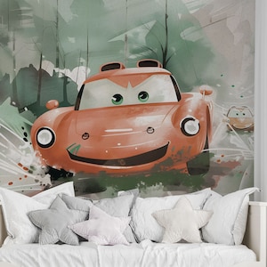 Carta da parati per bambini "Turbo" - murale con auto da corsa sullo sfondo della foresta | Fatto su misura | Autoadesivo o non tessuto | Decorazione della cameretta del bambino