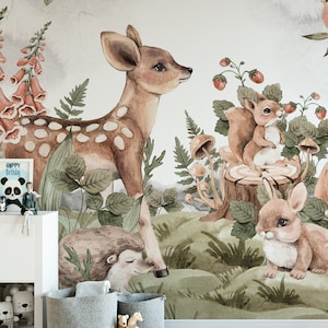 Papier peint pour enfants "Buddies" - une peinture murale avec des animaux de la forêt dans un style aquarelle | Sur mesure | Décoration de chambre d'enfant