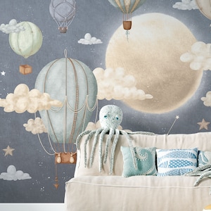 Carta da parati per bambini "Stardust II" - murale con palloncini, luna e stelle | Fatto su misura | Decorazione della cameretta dei bambini