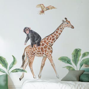 Giraffen-Safari-Wandaufkleber - Giraffe, Affe und Papagei - Tropische Dekoration für ein Kinderzimmer - Aquarell-Illustrationen