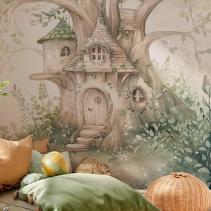 Carta da parati per bambini "Lefora" - casa sull'albero delle fate | Carta da parati da favola per la cameretta di una bambina | Acquerello, pastello, su misura