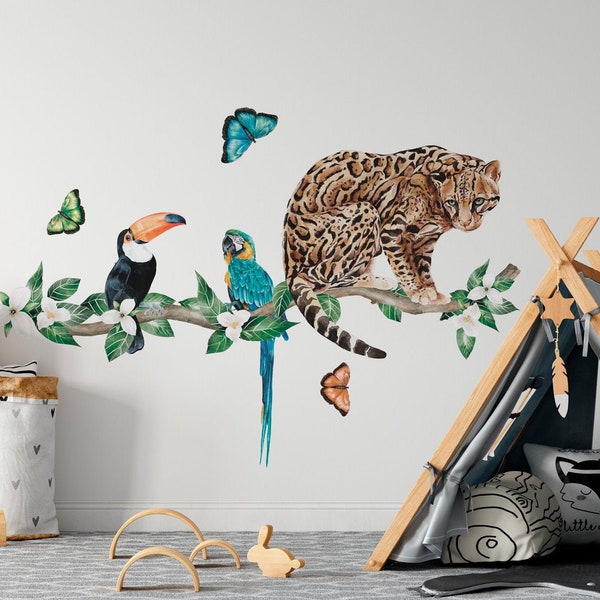 AMAZONIA OCELOT Tropical Wall decal / Watercolor Rainforest / Nursery decor / Jungle Kids Room