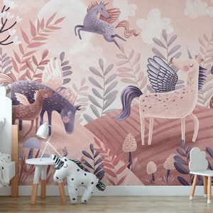 PEGASUS / Unicorns Wallpaper, Magic Animals Wall Mural, Pink Girls Nursery Wall Art